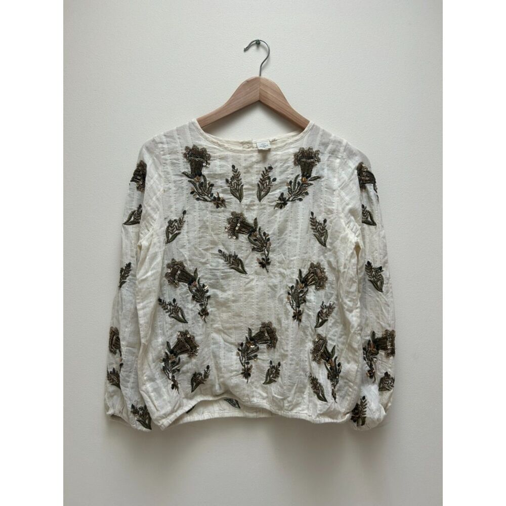 Anthropologie Beaded Floral Embroidered Ivory Cream White Gold Blouse size S